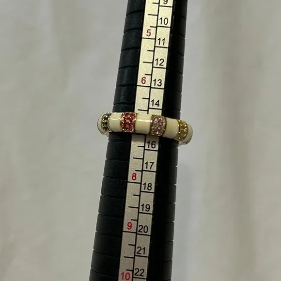 Gemstone Gold & White Enamel Band Ring - Picture 6 of 6